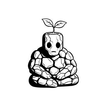 Meditating Stone Golem with Growing Plant Sprout Vector Illustration