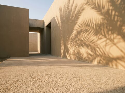 Modern minimalist architecture with warm beige walls palm leaf shadows cast across rough concrete ground and walkway