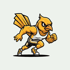 Naklejka premium Dynamic Yellow Bird Mascot Running Illustration - Strong Athletic Cartoon Character Sprinting with Determination and Speed