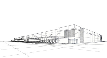 Architectural sketch of a modern industrial warehouse building. © Dika