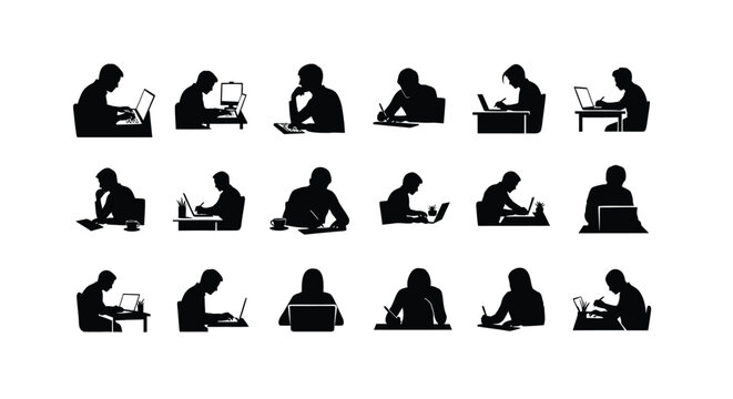 Silhouettes of diverse professionals working remotely on laptops in various seated positions isolated on a clean white background