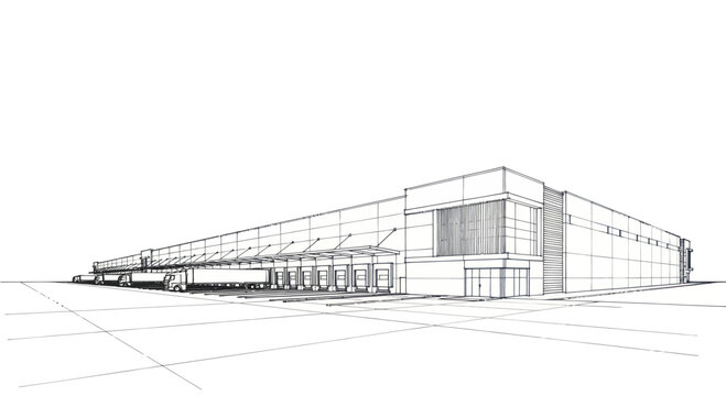 Architectural sketch of a modern industrial warehouse building.