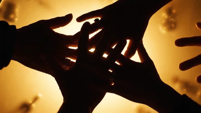 Silhouette of multiple hands reaching towards each other with a bright yellow background and a warm glow, conveying a sense of connection and unity among people in a symbolic gesture