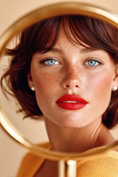 Close-up portrait of freckled woman with red lipstick reflected in oval mirror, blue eyes and vintage style