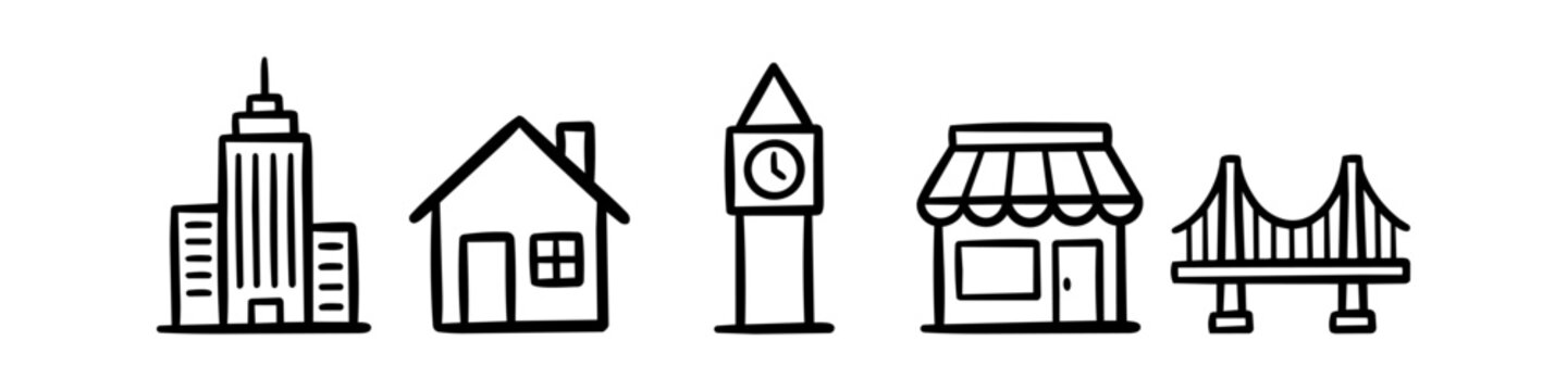 Set of hand-drawn minimalist city icons featuring a skyscraper, house, clock tower, shop, and bridge. Clean black line art doodle style on a white background for urban design projects.