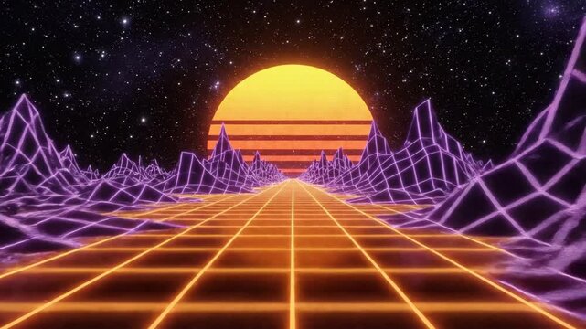Retro-futuristic digital landscape with a vibrant sunset over a glowing grid, 80s synthwave style