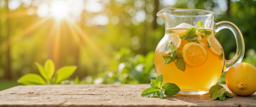 Iced tea pitcher with lemon slices and mint leaves on picnic table in sunlight. Refreshing iced tea pitcher includes chilled glass, vibrant lemon slices, and fresh mint leaves.