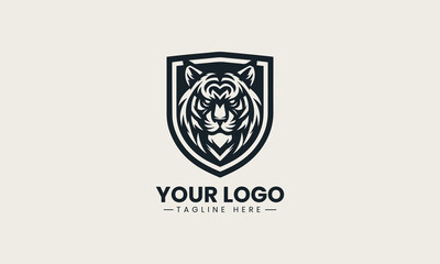 Obraz premium Black tiger head inside shield shape is presented as strong monochrome vector logo on clean white background for sports and security branding use