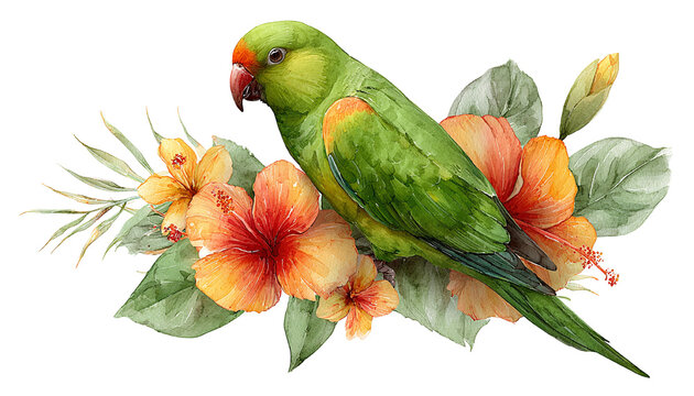 Ilustraci&oacute;n acuarela de loro verde tropical posado entre vibrantes flores de hibisco y hojas ex&oacute;ticas.