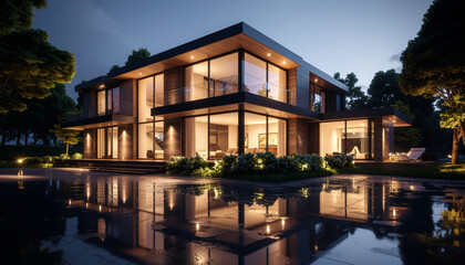 Fototapeta premium Modern house exterior at night