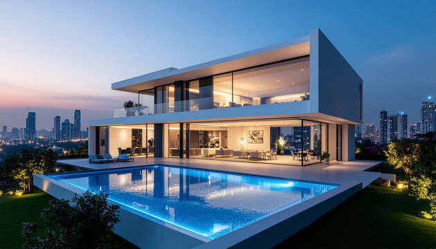 Modern luxury home with pool at dusk