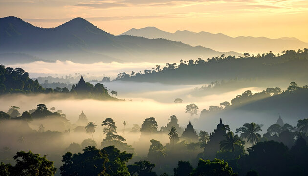 Mountain landscape with fog and sunlight