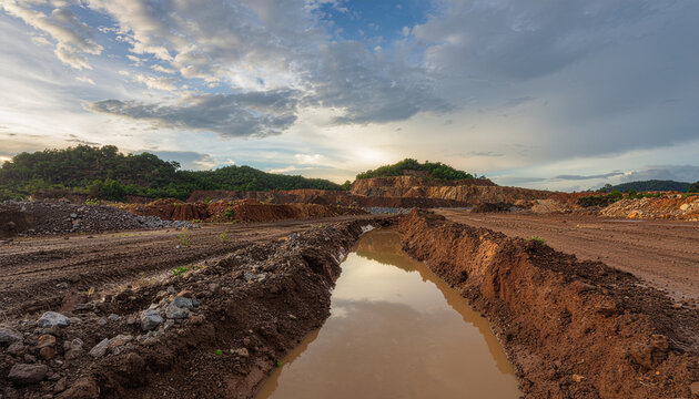 Muddy earth and water canal under sky