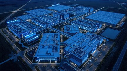 Fototapeta premium Aerial night view of modern data center complex with illuminated server buildings and cyber infrastructure