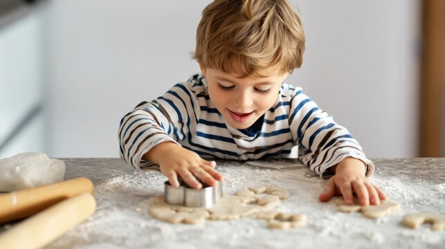 Smiling child uses cookie cutter on floured dough at kitchen table during home baking.