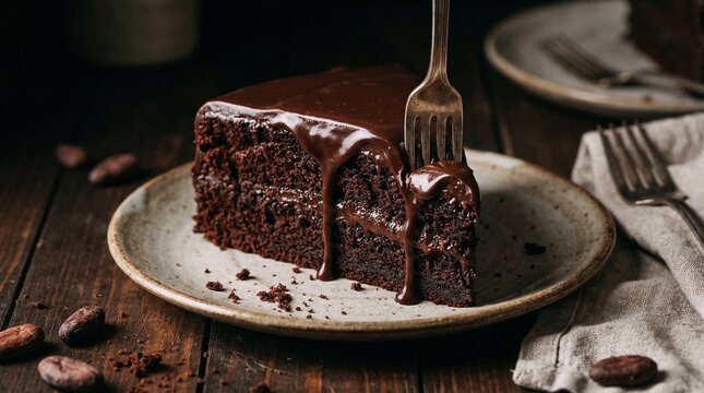 A slice of rich chocolate layer cake on a plate, featuring a fork and dark, moody lighting.