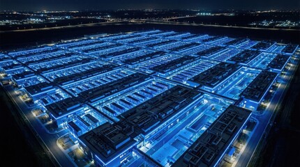 Obraz premium Aerial night view of illuminated modern data center complex with blue lighting and server infrastructure