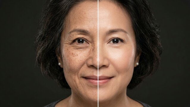 
Before and after comparison of an Asian woman's face showing reduction of deep wrinkles and solar lentigines (age spots) after skin treatment, resulting in smooth, youth
