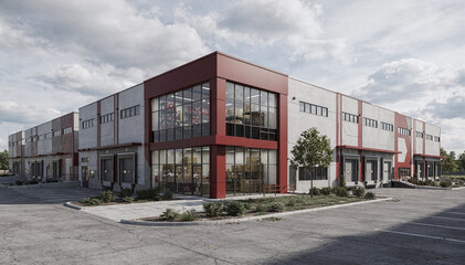 Naklejka premium Modern Commercial Warehouse Office Building Exterior with Red Accents