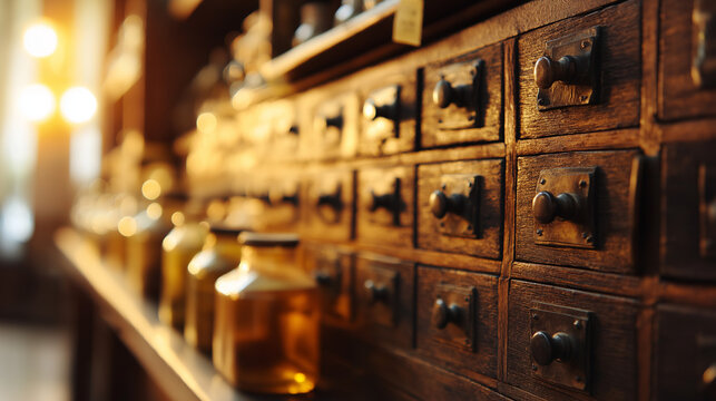strongroom. An old wooden apothecary cabinet filled with glass bottles and jars in warm light. safety posters, maintenance manuals, designed for industrial assembly lines and welding operations.