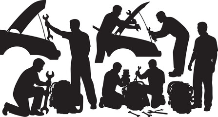 Obraz premium Black Solid Garage Auto Mechanic Silhouettes Set of Six on White Background