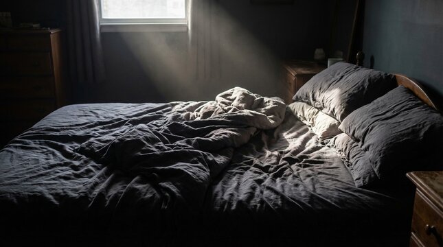 A moody shot of an unmade bed with dark grey sheets, hit by a strong shaft of light from a window.