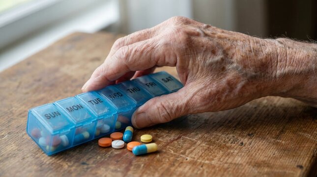 An elderly hand holding a blue weekly pill organizer, preparing to take daily medication.