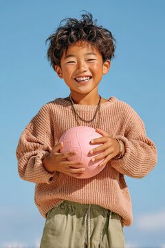 Happy young boy holding a pink ball and smiling outdoors in a cozy sweater