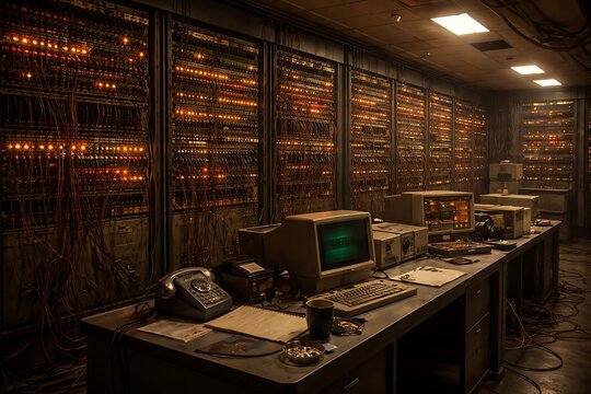 Vintage Server Room with Glowing Lights and Retro Computing Equipment