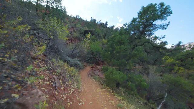 Footage capturing the scenic, moderate ascent along the dirt path of the Watchman Trail in Zion National Park. The trail winds through lush green vegetation and rocky slopes, offering views of the ico