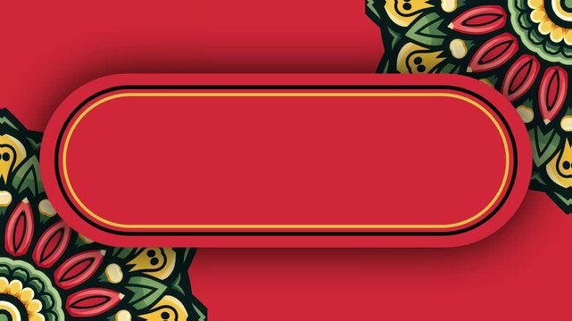 Red festive background with decorative mandala corners and rounded pill shaped text frame for promotional banner or holiday greeting card