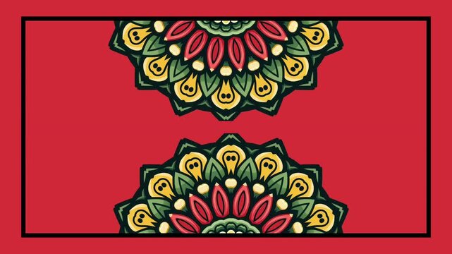 Red background with top and bottom half mandala ornaments for greeting card backdrop or festive holiday banner design