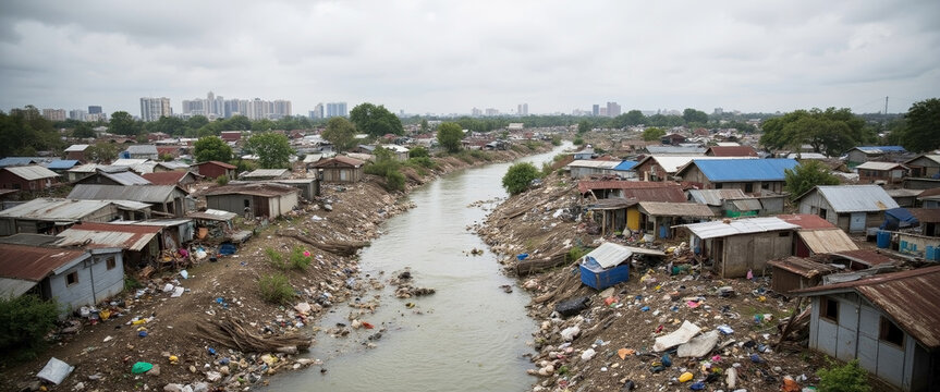 Urban decay photo depicting polluted river filled with debris flowing through city with slums in background.