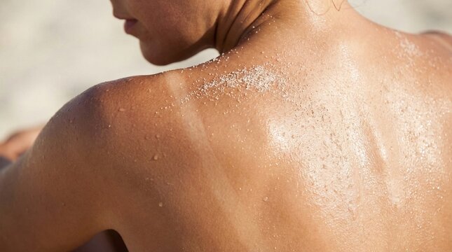 Close-up of a person's red, sunburnt shoulder with peeling skin after severe UV sun exposure.