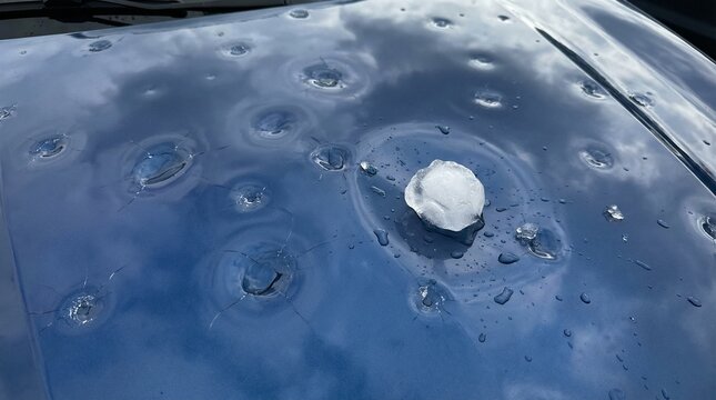 Large, damaging hailstones resting on the wet blue metallic roof of a car after a severe storm.