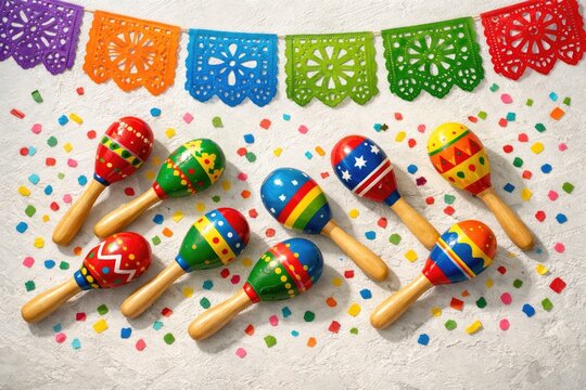 Colorful maracas on confetti background, Mexican fiesta party decor, wooden percussion instruments for celebration