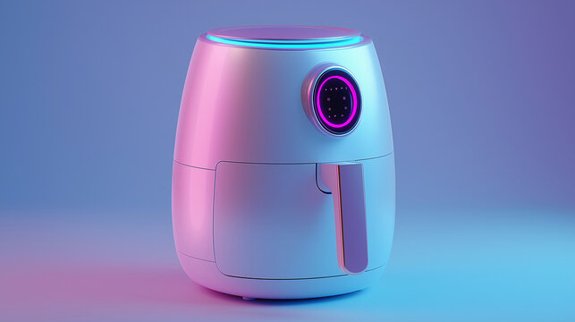 A modern kitchen appliance, the air fryer sits on a colorful gradient background with subtle neon light accents