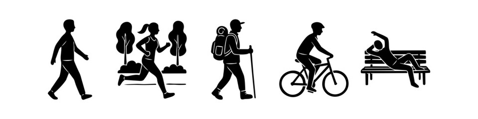 Obraz premium Set of black silhouette icons depicting outdoor activities like walking, jogging, hiking, cycling, and resting on a bench. Minimalist vector illustration for healthy lifestyle concepts.