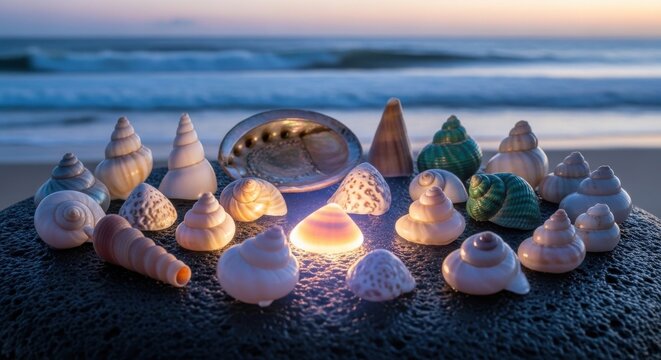 A captivating collection of iridescent seashells arranged on a dark, textured surface with a gentle ocean backdrop and warm, glowing light illuminating their intricate details.