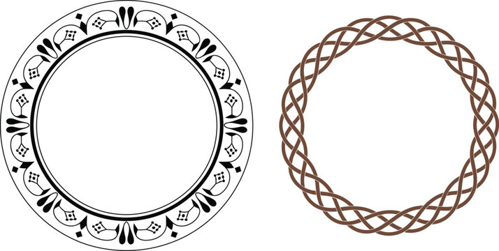 Vintage circular frame set with Celtic knotwork and floral patterns, elegant round border vector for wedding invitations, luxury brand labels.
