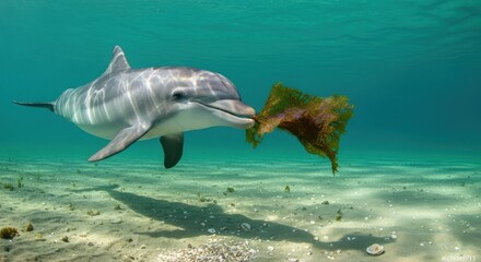 Fototapeta premium A curious young dolphin nudging a piece of floating ocean plastic, highlighting environmental concerns and marine life danger