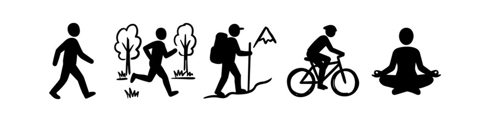 Obraz premium Set of black silhouette icons representing various healthy outdoor activities including walking, running, hiking, cycling, and meditation. Perfect for fitness, wellness, and lifestyle themes.