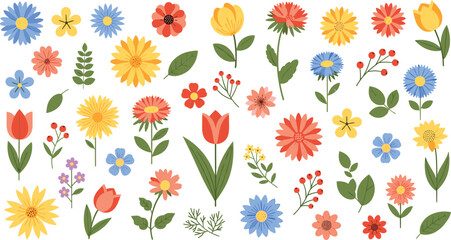 Fototapeta premium Large Collection of Flat Vector Garden Flowers with Tulips Daisies and Sunflowers and Botanical Leaf Elements for Floral Pattern Design and Nature BrandingLarge Collection of Flat Vector Garden Flower