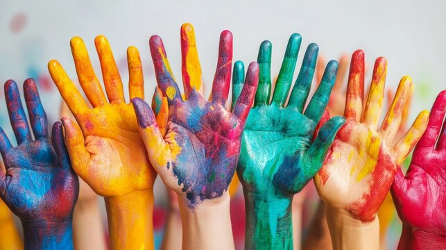 Colourful hands, their palms covered in paint and raised upwards, symbolise creativity, unity and the vibrancy of self-expression, making them the perfect backdrop for art publications.