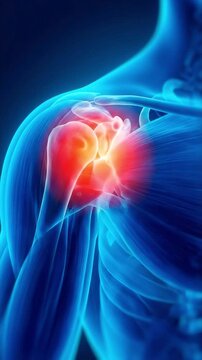 3d rendering of a human shoulder joint with a red glow indicating pain and inflammation, suitable for medical presentations, healthcare articles, anatomy education, and pain management resources.
