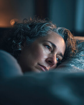 A woman with curly hair lies in bed, gazing thoughtfully, illuminated by soft, moody light.