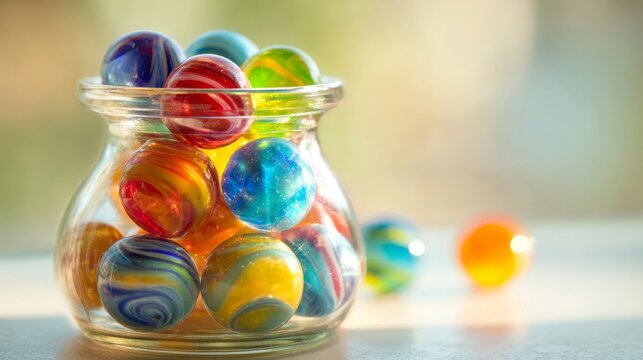 A Jar Full of Vibrant, Translucent Glass Marbles with Swirling Patterns, Capturing Nostalgic Childhood Play