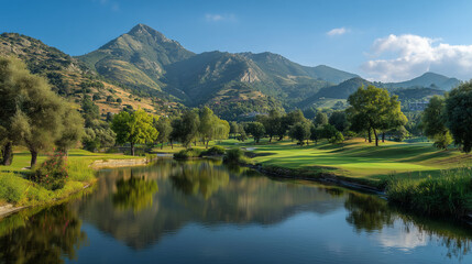 Fototapeta premium Scenic landscape with a calm lake reflecting trees and mountains under a clear blue sky on a sunny day