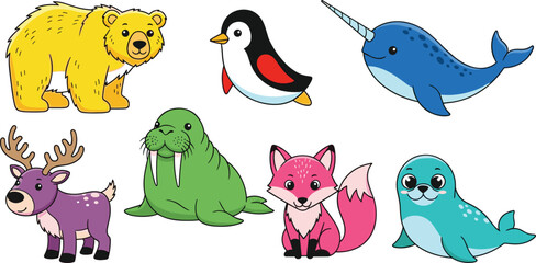 Adorable Arctic and Ocean Animal Character Set with Polar Bear, Penguin, Narwhal, Fox, Seal, and More for Kids' Illustrations and Educational Designs © Shahariar