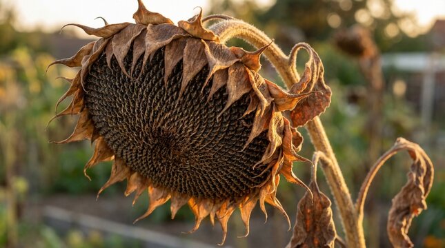 Close-up of a drooping, dried sunflower head at the end of the summer season.